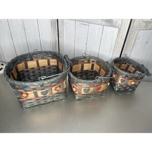 Vintage Heart Motif Wicker Basket With Handle Rustic Set Of 3 Nesting